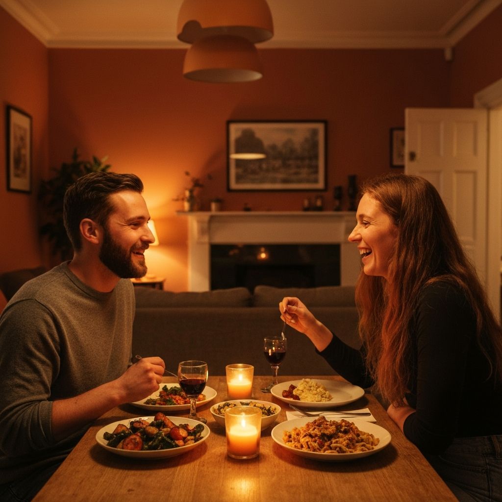 Two people sharing a warm dinner at home with soft lighting and homemade food