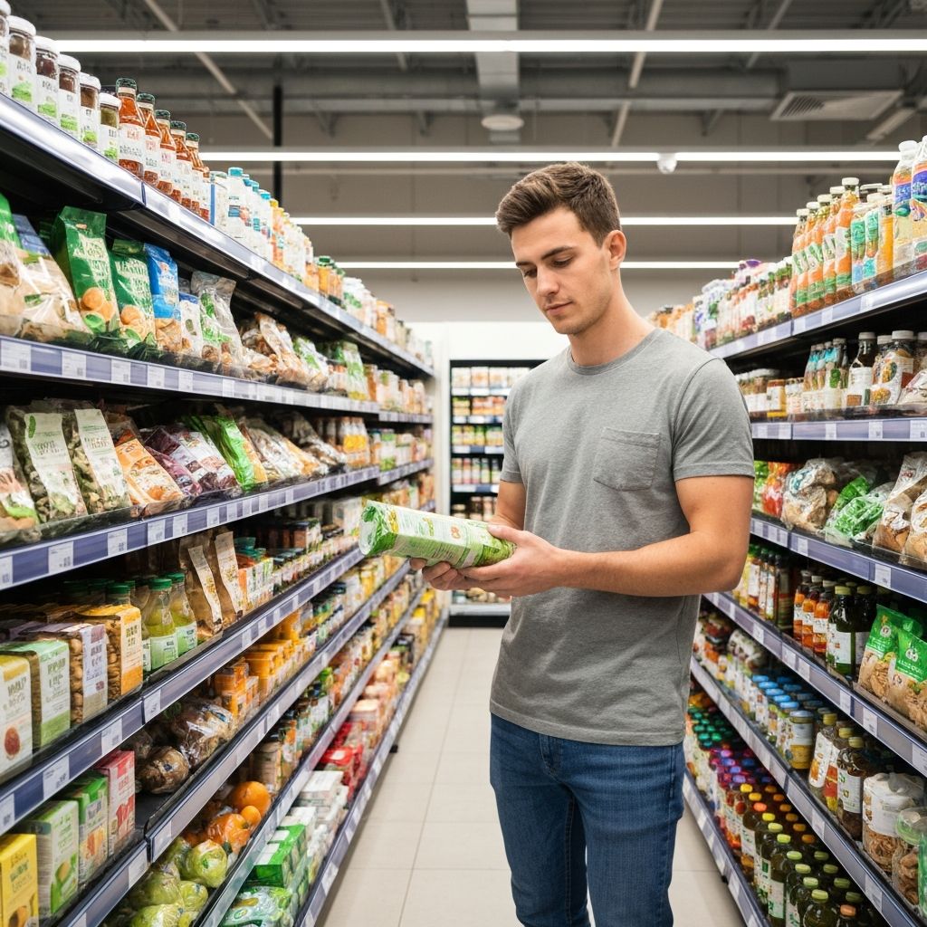 Person thoughtfully choosing food items in a modern UK supermarket aisle